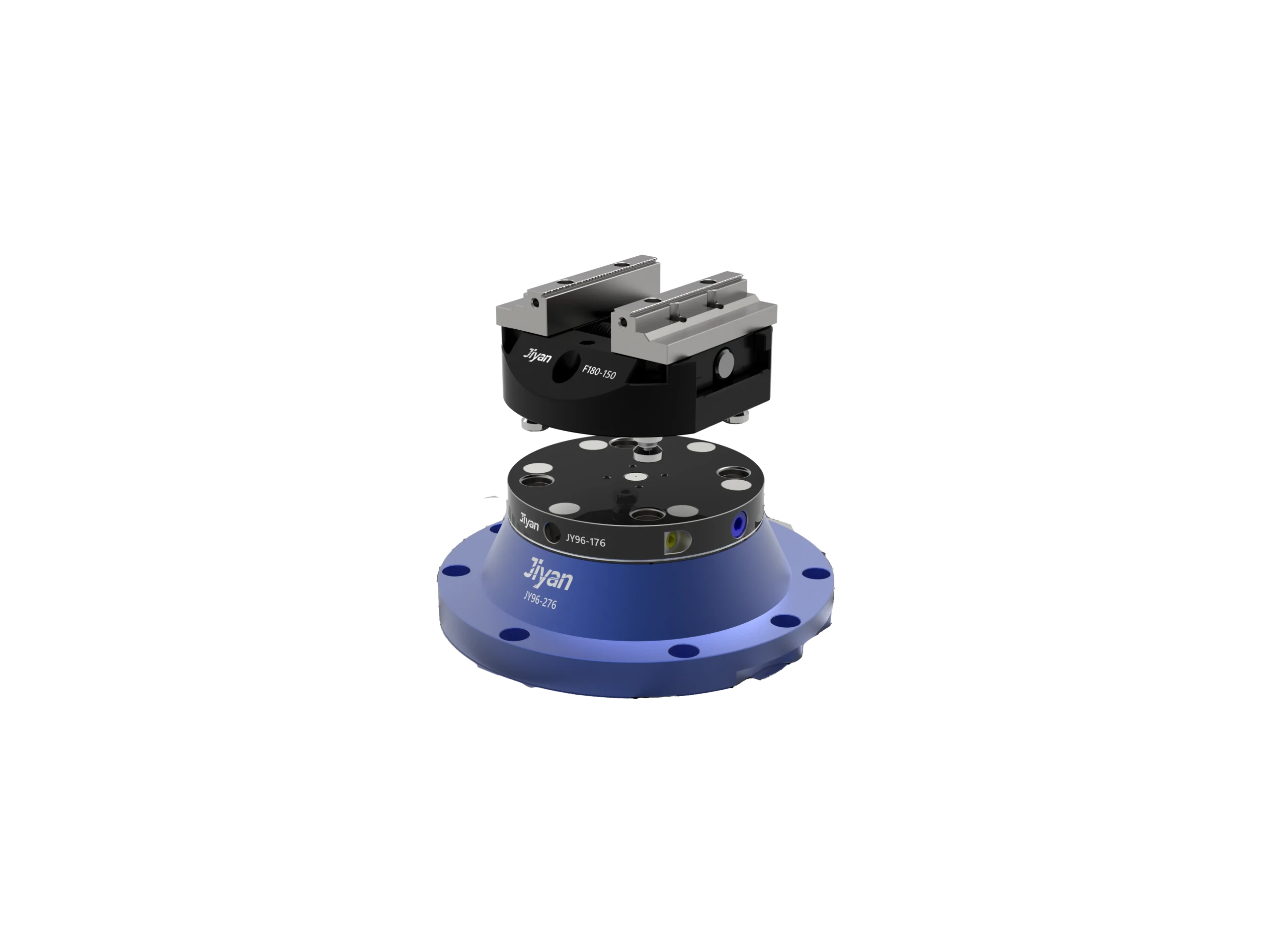 Exploded view of Jiyan JY96-276 zero point base with F80-150 self-centering vise for 5-axis machining