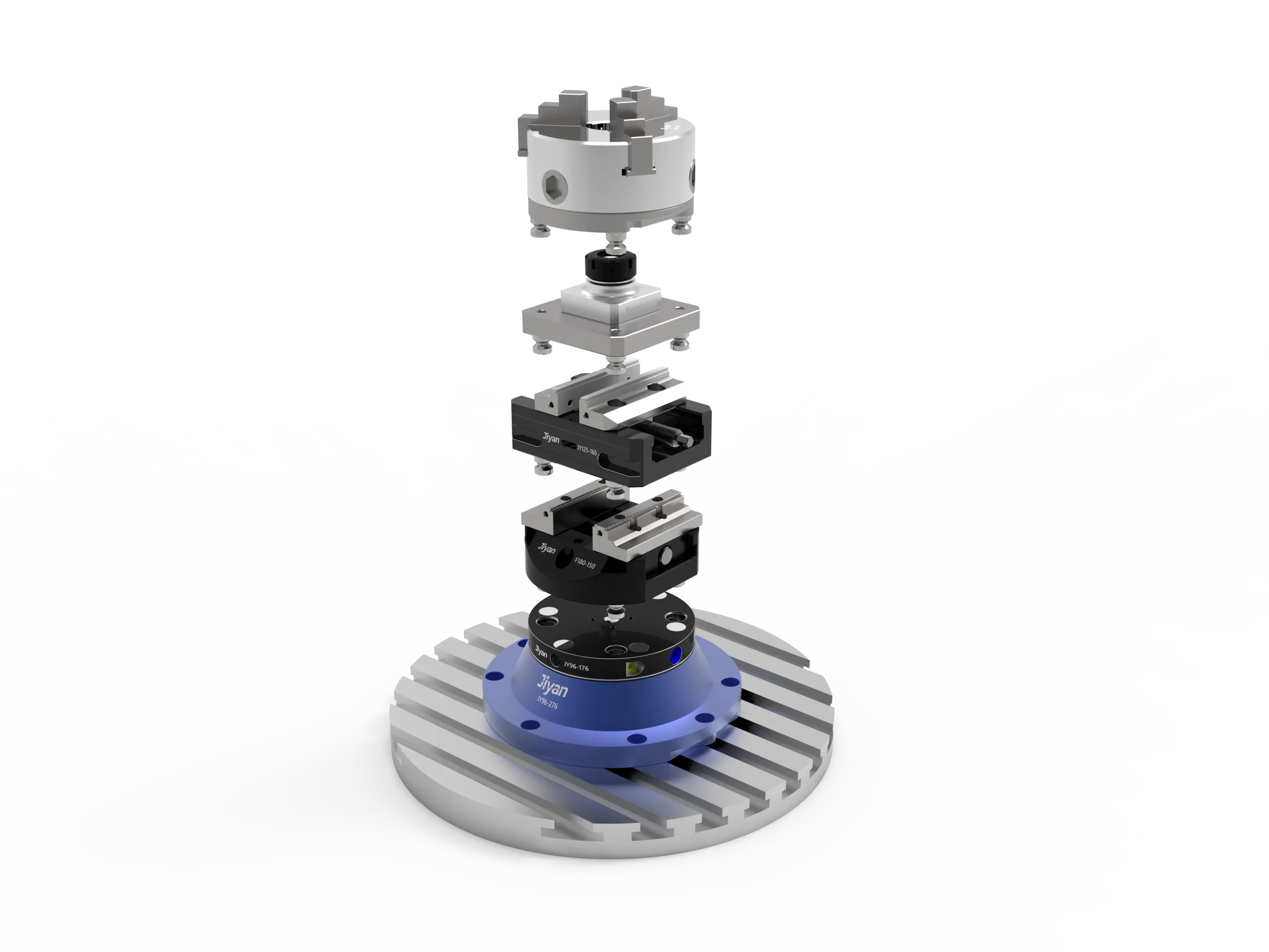 JIYAN 5-axis workholding combination: zero-point cube, bridge plates and vises on a machining center