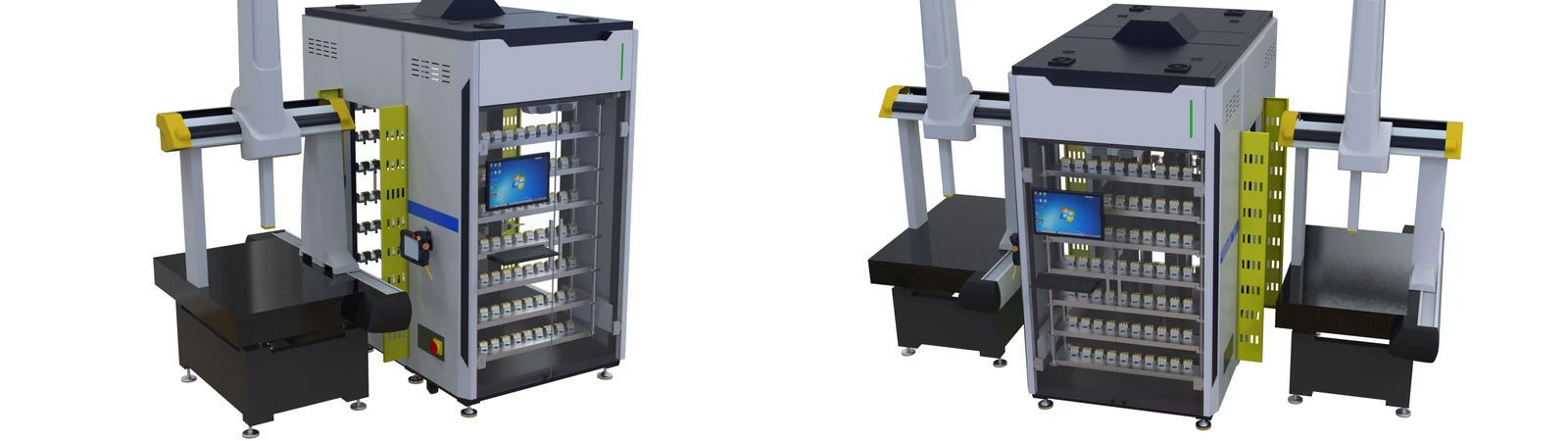 CMM automation cell with automated material handling between storage and the measuring machine