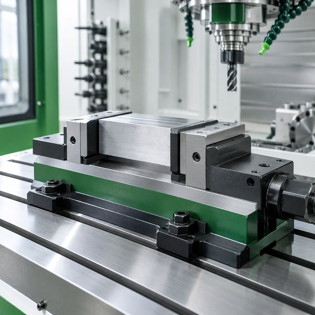 CNC vise holding a metal workpiece in a machining center
